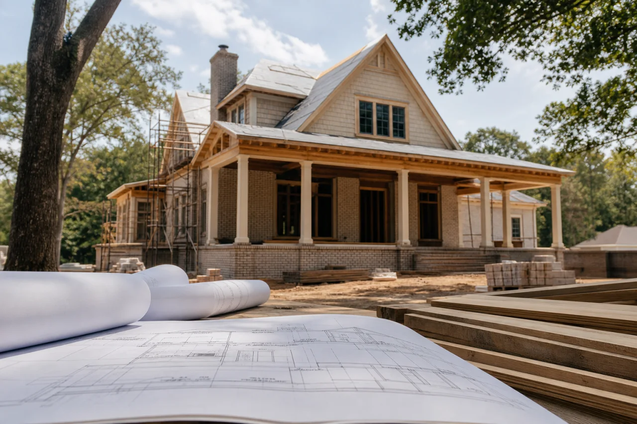 Residential construction setting with architectural plans